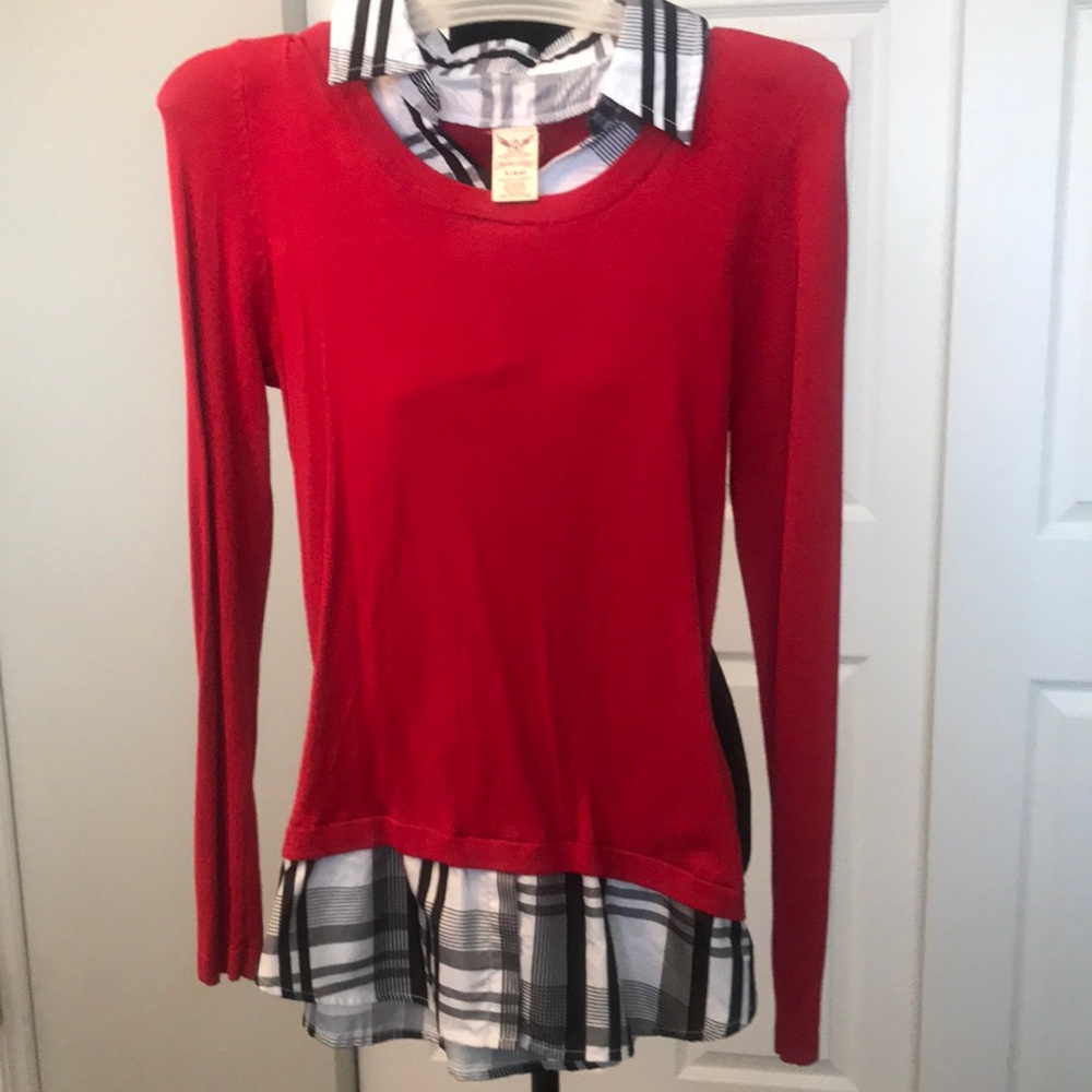 Faded Glory Junior’s Size Small One Piece Red Sweater/Black and White Plaid Top!